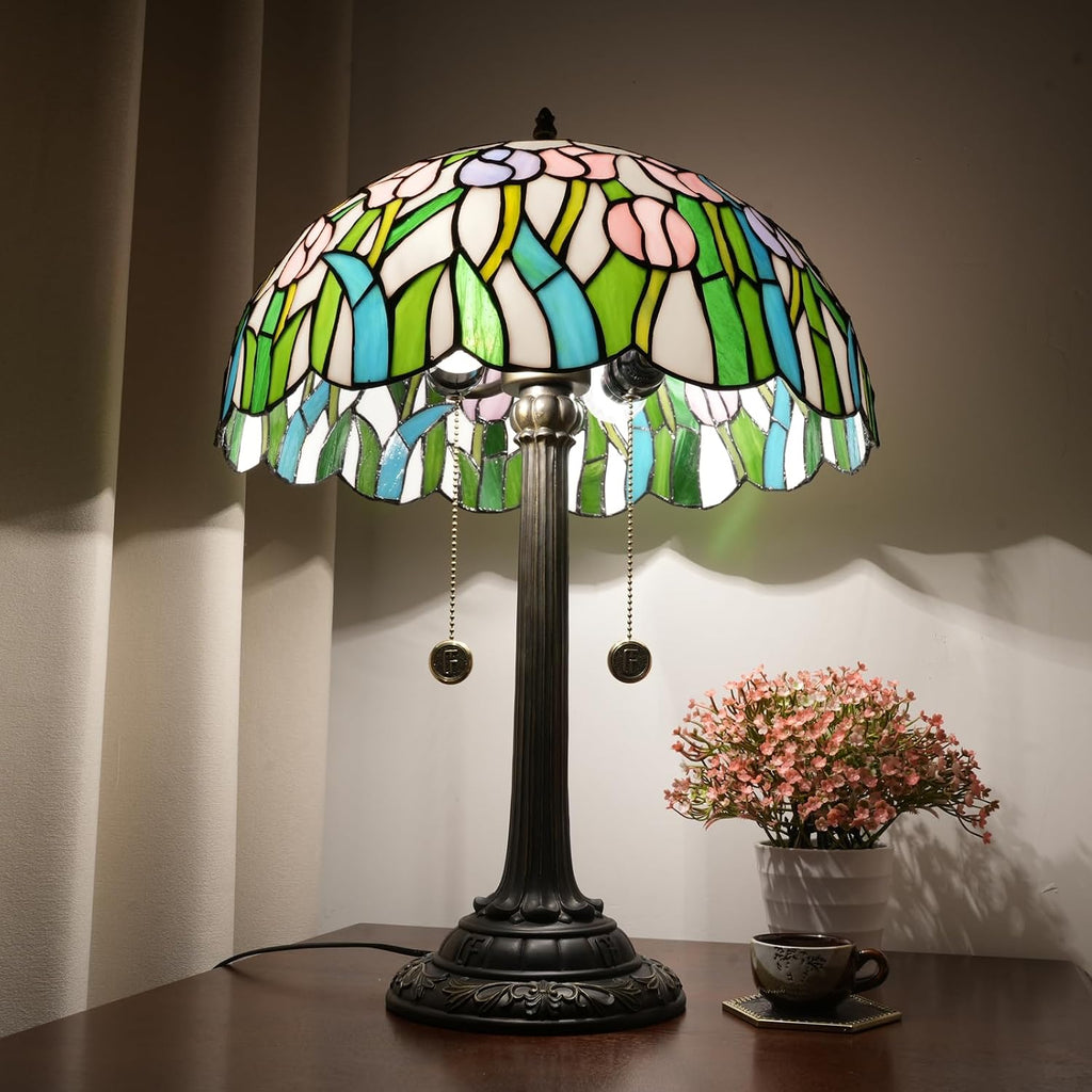 Tiffany Lamp Pink Yellow Tulips Stained Glass Table Lamp 16 inch Large Desk Light Antique Beside Reading Lamp for Home Living Room Bedroom Office