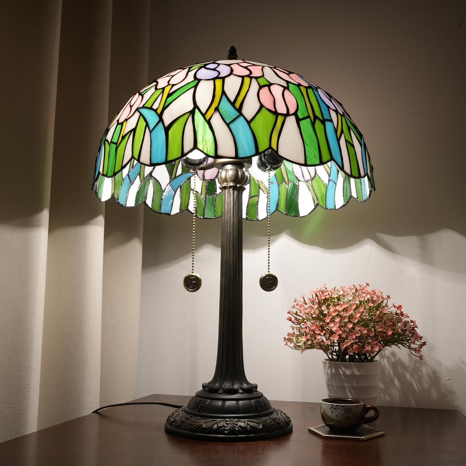 Tiffany Lamp Pink Yellow Tulips Stained Glass Table Lamp 16 inch Large Desk Light Antique Beside Reading Lamp for Home Living Room Bedroom Office