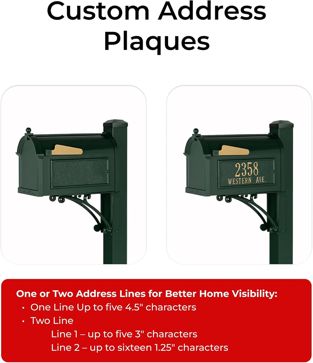 Whitehall Superior Mailbox Package Large Cast Aluminum Streetside Mailbox with Decorative Superior Post & Personalized Address Side Plaques Powder Coated Classic Green Mailpost