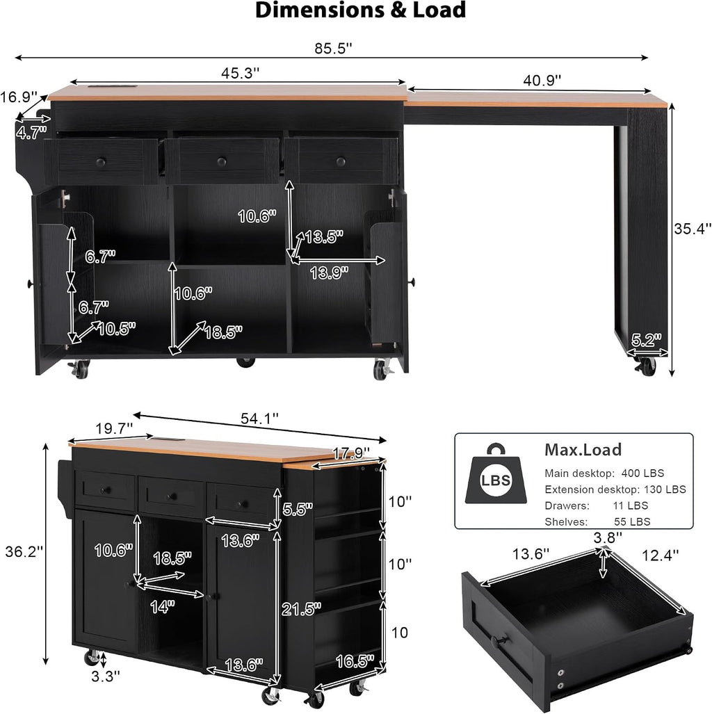 85.5' Kitchen Island with Extendable Dining Table, Kitchen Storage Table with 3 Side Open Shelves, Rolling Kitchen Island with Power Outlet, 3 Drawers, 2 Doors, for Kitchen, Dining Room (Black#78)