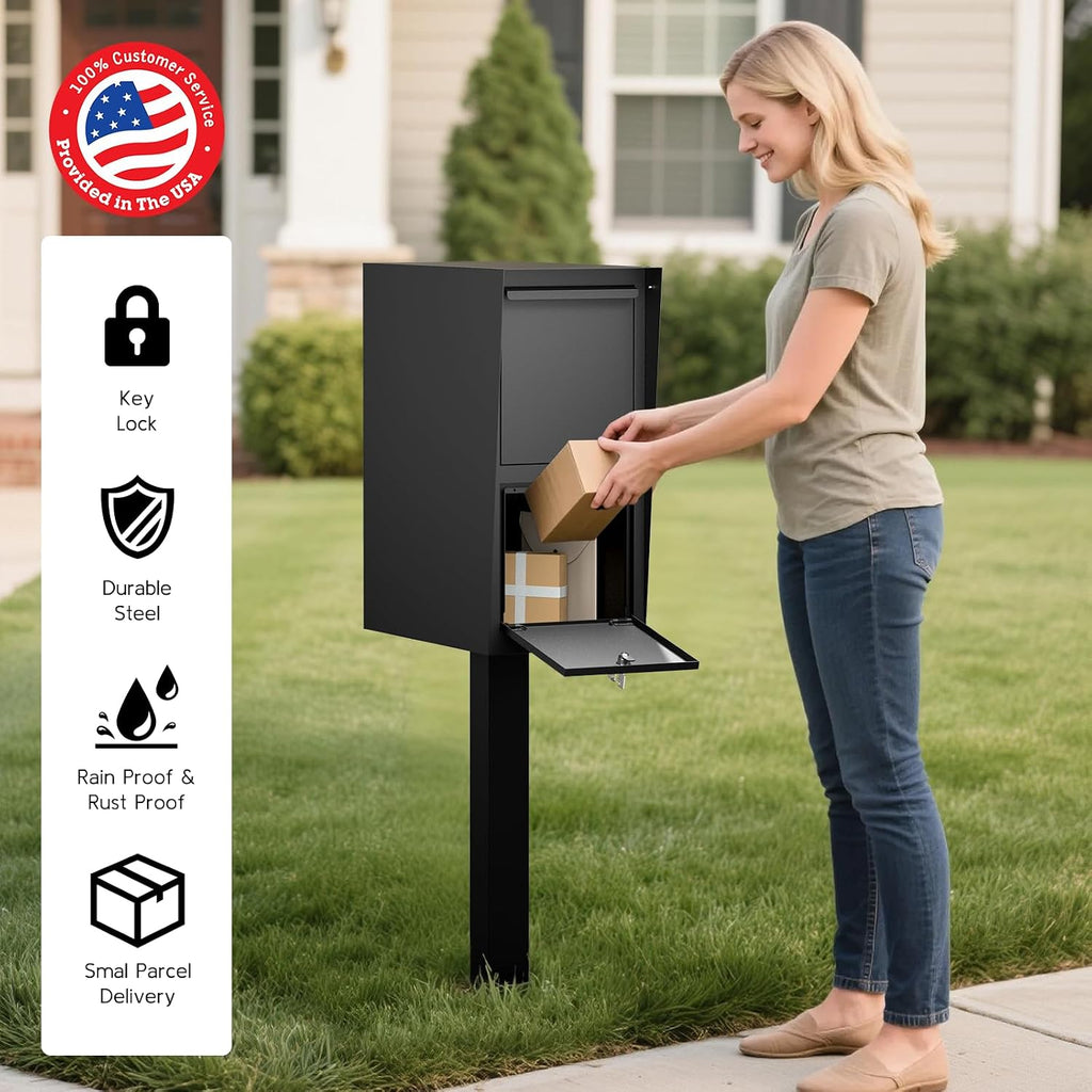 Secure Curbside Locking Mailbox for Packages, Weekend-Away Design with In-Ground Post and Base Plate (Black)