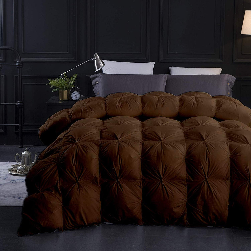 Brown Solid Fluffy Soft 1000-TC Pinch Pleated Down Comforter- King Size 102 x 90 Inches 1 Piece All-Season Duvet Insert, 500 GSM with Corner Tabs 100% Egyptian Cotton (Brown)