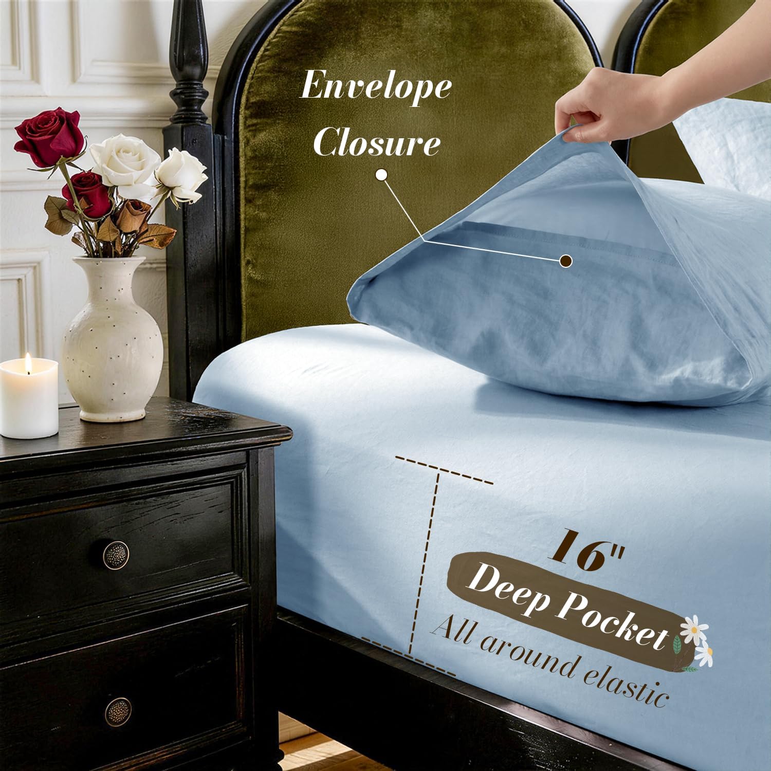 SONORO KATE 100% French Pure Linen Sheets, Breathable and Durable Queen Size Sheets, 16 Inch Deep Pocket - 4 Piece (Dusty Blue)