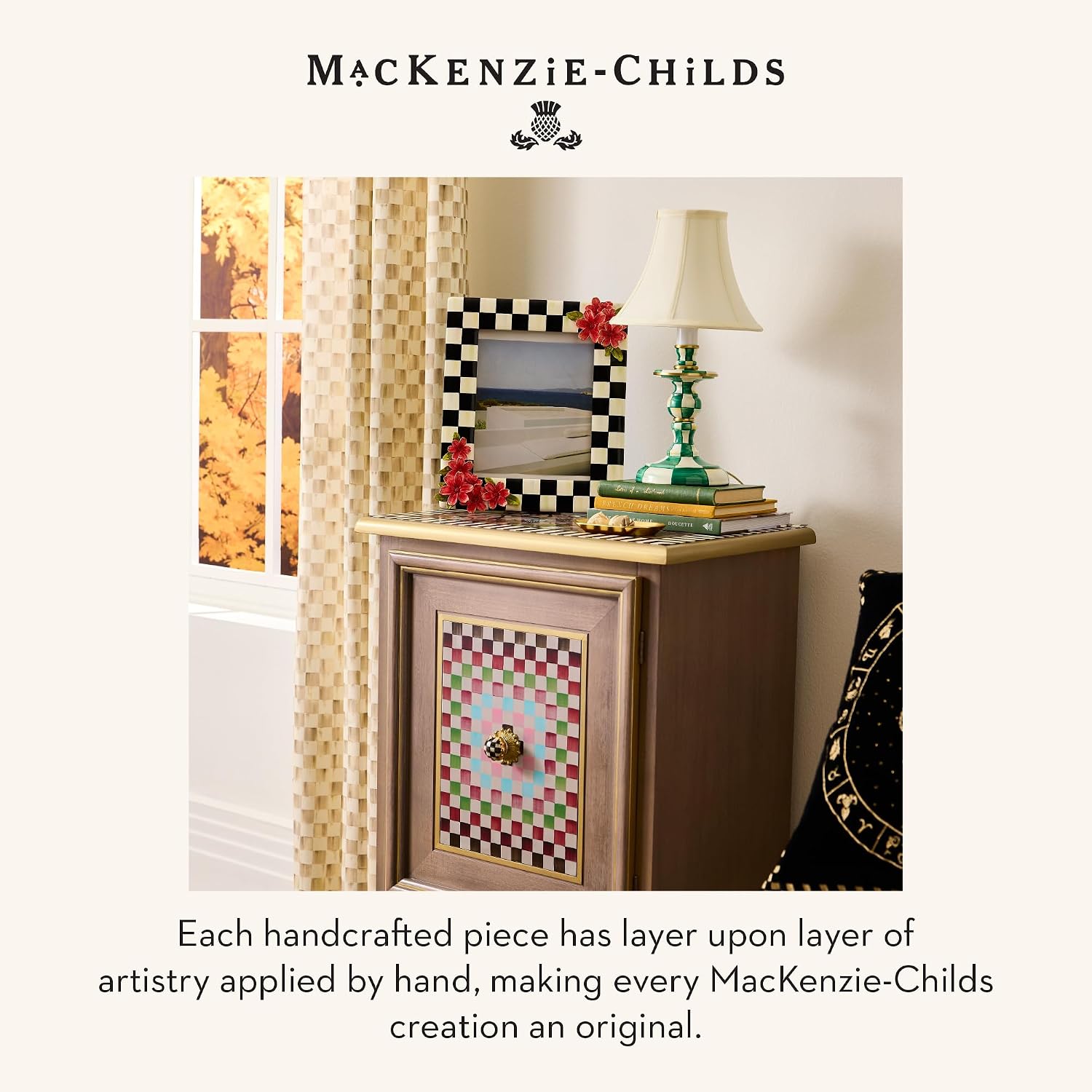 MACKENZIE-CHILDS Candlestick Lamp, Decorative Living Room and Bedroom Lamp, Green-and-White Emerald Check