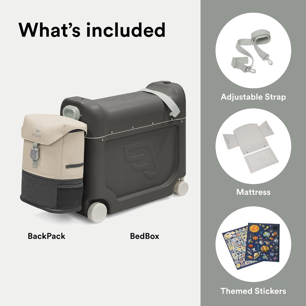 Stokke JetKids Travel Bundle, Midnight Grey - Includes BedBox Ride-On Suitcase & Backpack - Best for Kids 2-7 Years Old (Up to 77 lbs)