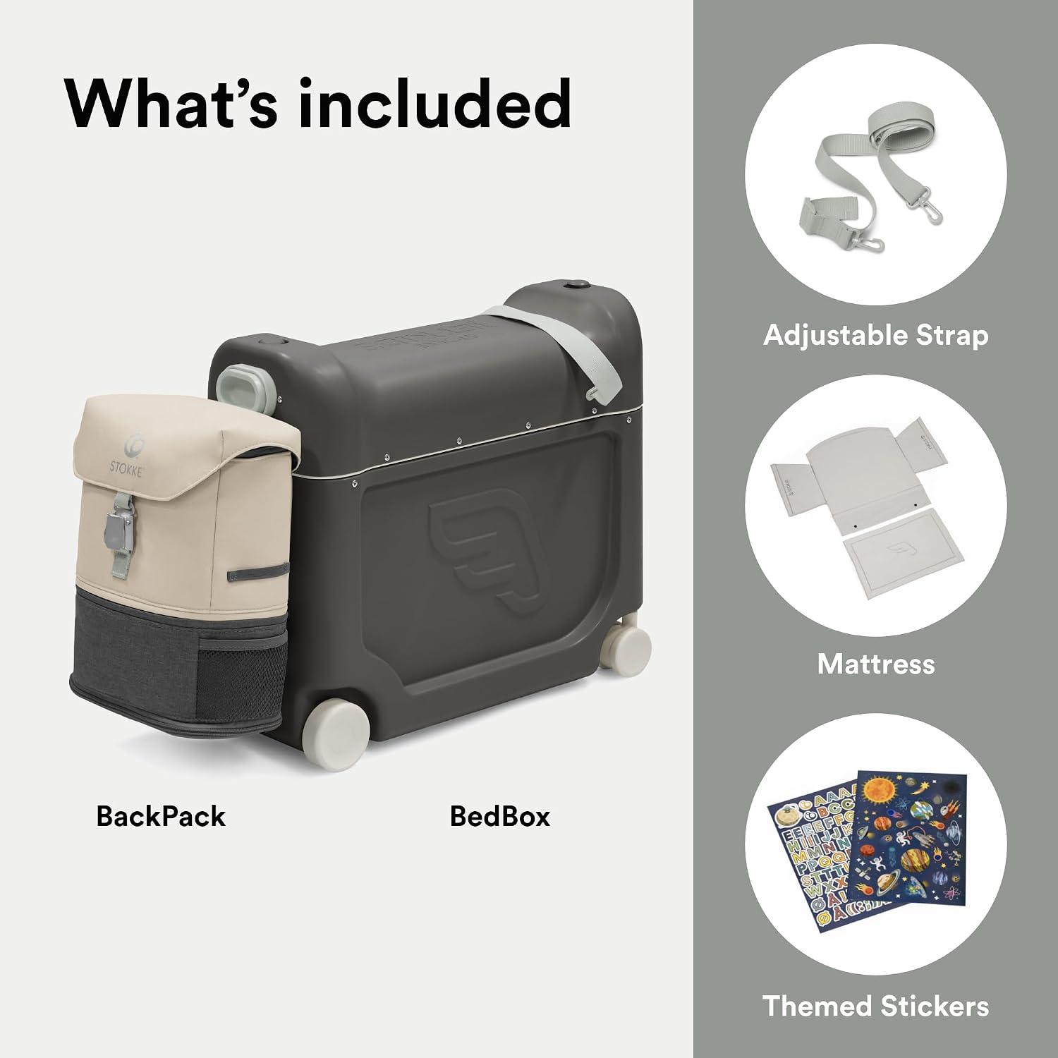 Stokke JetKids Travel Bundle, Midnight Grey - Includes BedBox Ride-On Suitcase & Backpack - Best for Kids 2-7 Years Old (Up to 77 lbs)