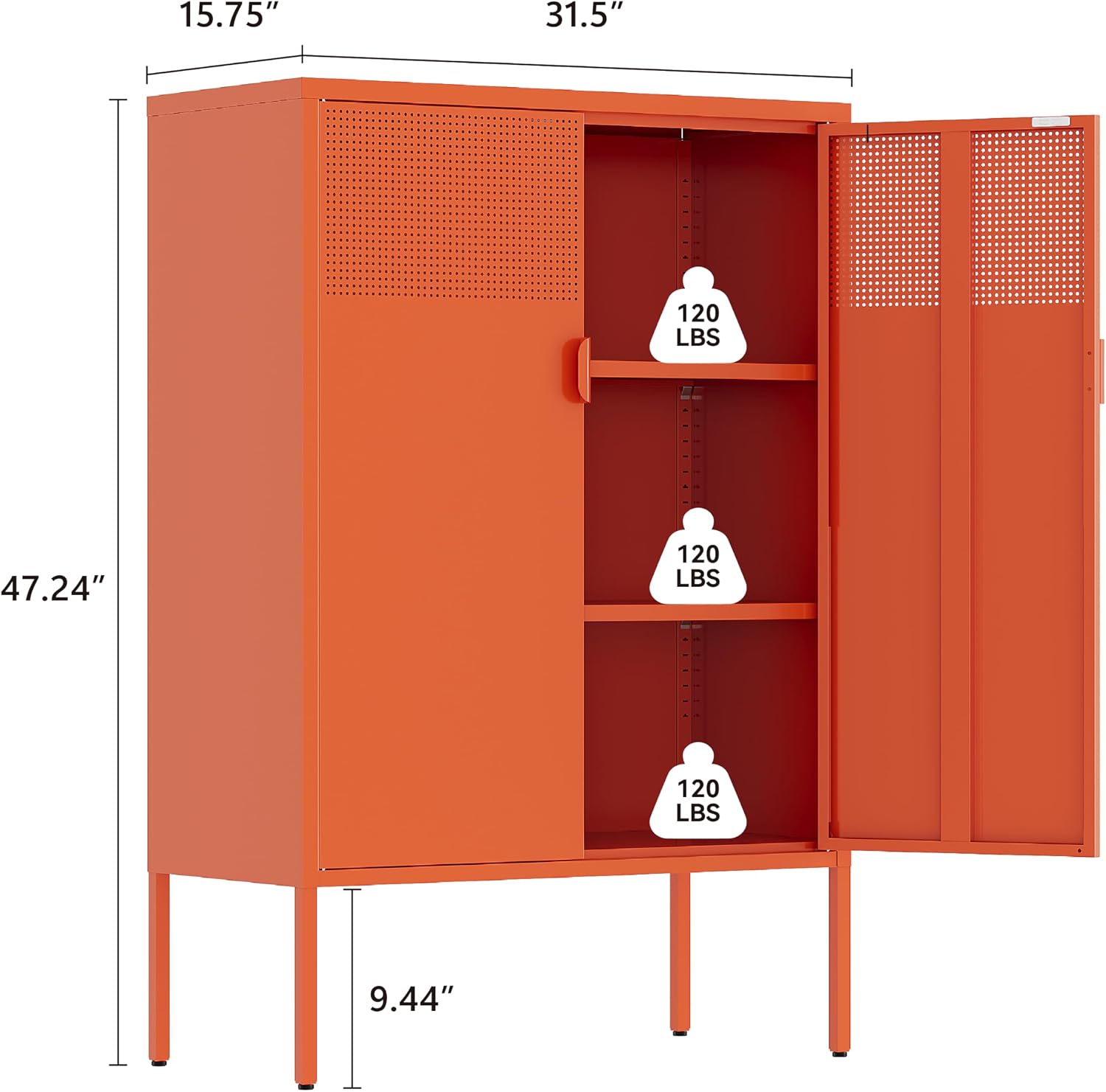 Orange Metal Storage Cabinet,2 Door TV Stand, Metal Mesh Accent Cabinet,Magnetic Door Closure,Low Storage Cabinets with Doors and Shelf for Home,Office,Living Room