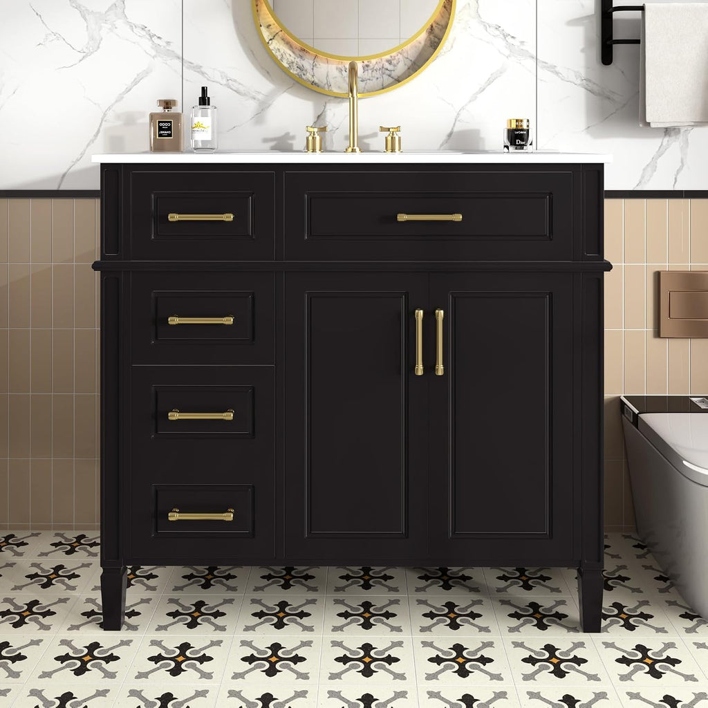 Harper & Bright Designs 36' Bathroom Vanity with Sink, Free Standing Bathroom Vanity Set with Flip Drawer, 3 Drawers, and Adjustable Shelf, Wood Storage Cabinet with Ceramic Basin for Bathroom, Black