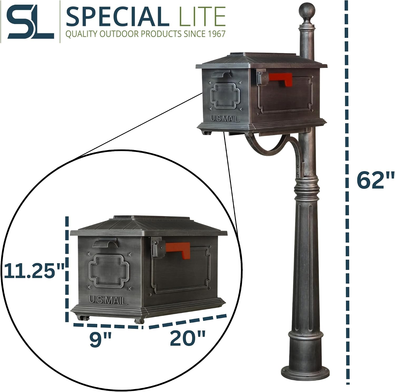 Special Lite Kingston Curbside Mailbox with Ashland Post - Swedish Silver Mailbox with Aluminum Post - SCK-1017_SPK-600-SW