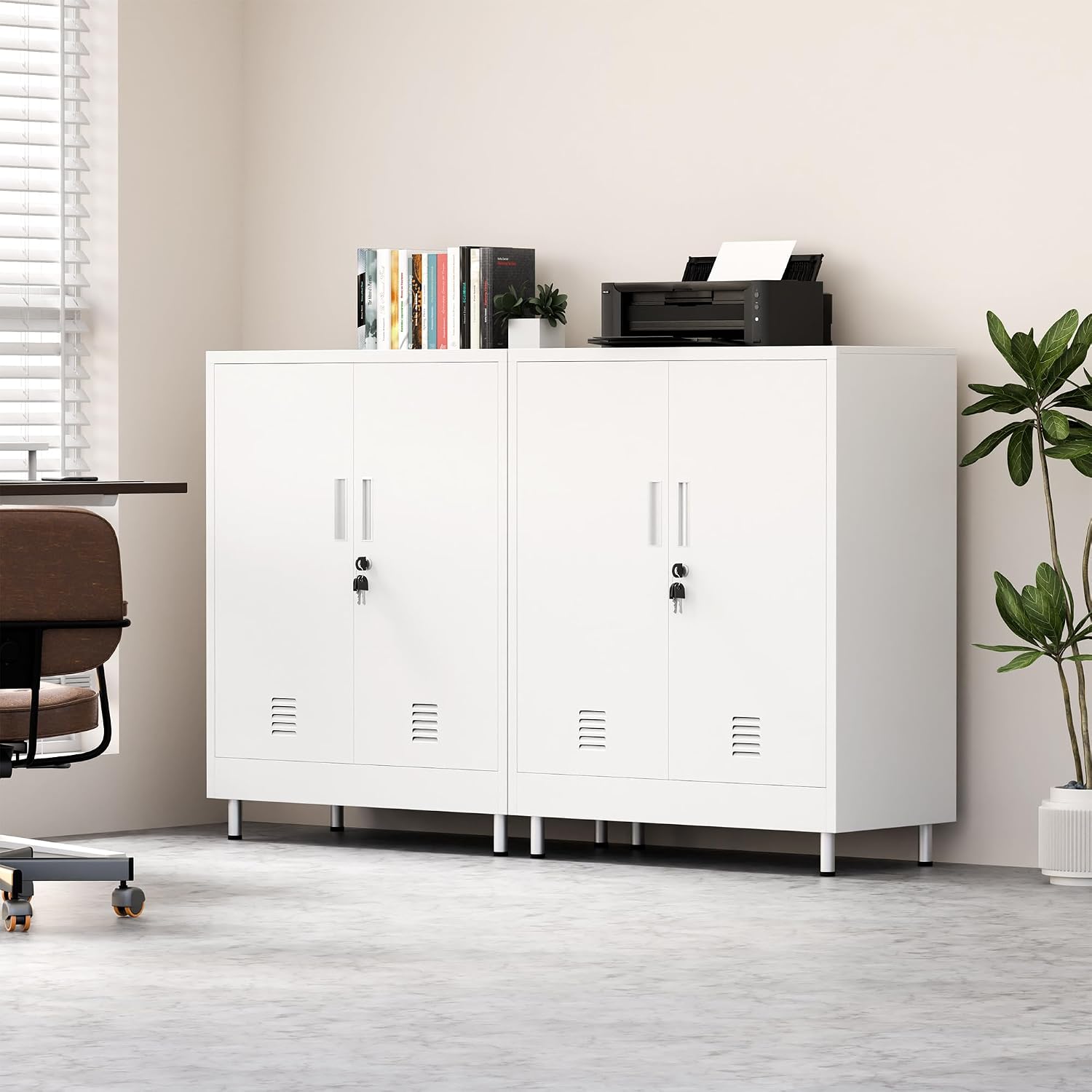 JINGUR Metal Storage Cabinet with Locking Doors and 2 Adjustable Shelves, Lockable Storage Cabinet for Home Office Garage Pantry Living Room (White)