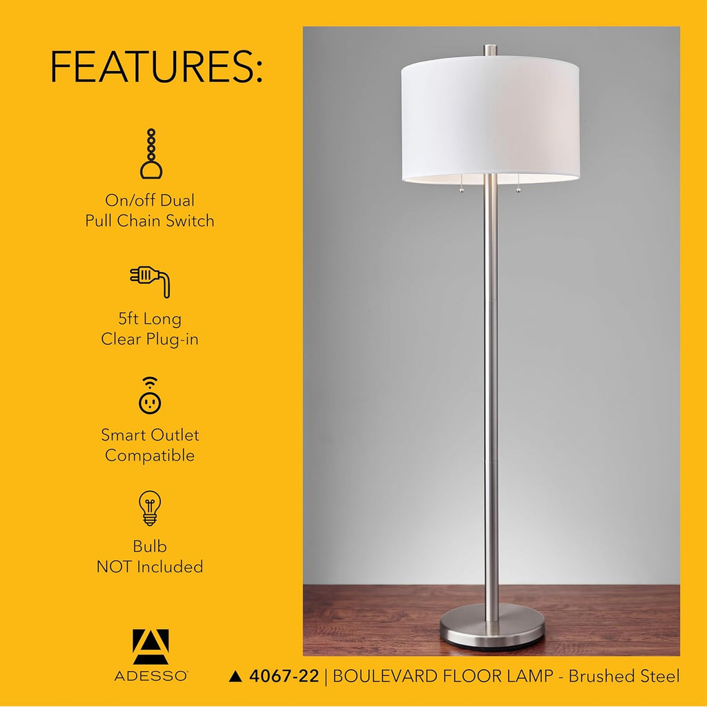 Adesso Floor Lamp with Dual Pull Chains, Brushed Stee; Finish, White Fabric Lampshade – Bedroom, Home Office Lighting, or Living Room Decor, 61' x 18.5'