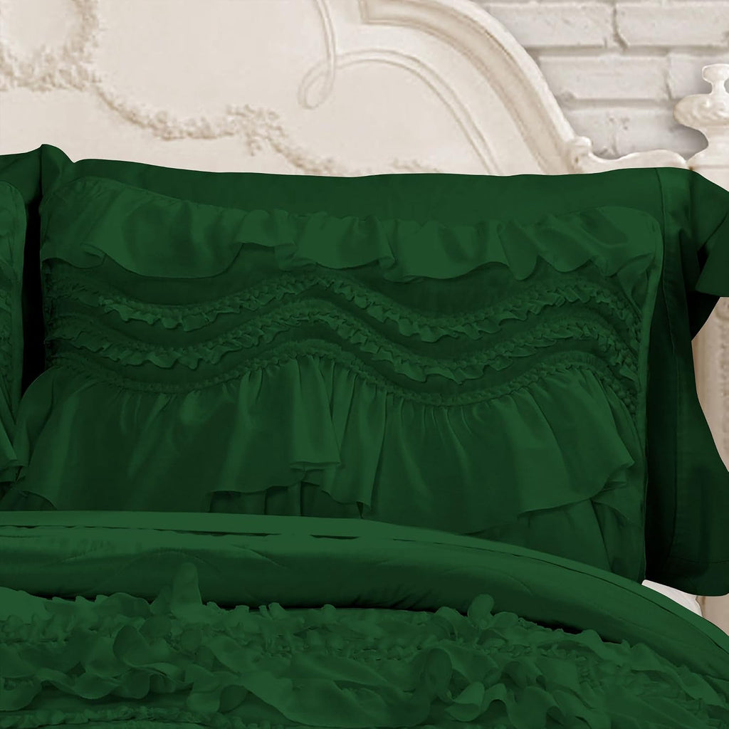 100% Egyptian Cotton, 550 GSM Microfiber Filled Quilt Ruffled Textured 3 Piece Full/Queen Size Comforter Set, Green