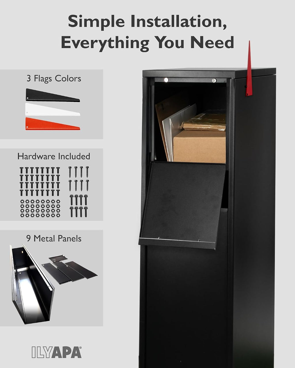 Modern Mailbox with Post - Residential Mailboxes for Outside Post Mount, Large Mail Box and Posts Combo Kit with Newspaper Package Slot, Magnetic Door, Powder Coated, Works with 4x4 or 6X6 Wood