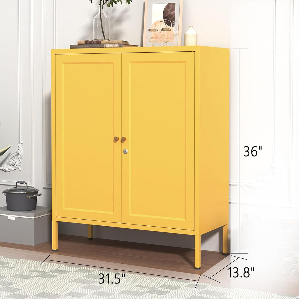 Lockable Metal Storage Cabinet Double Door Metal Cabinet Home Decor Cabinet with Adjustable Shelves Coffee Bar Cabinet Suitable for Living Room and Dining room Yellow : 13.8'D x 31.5'W x 36'H