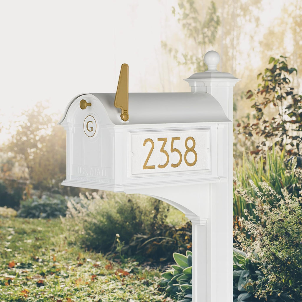 Whitehall Custom Extra Large Mailbox - Balmoral Model with Modern Style Address Plaques, Monogram and Side Mount Post Package, Sand Cast Aluminum, White Personalized in Goldtone