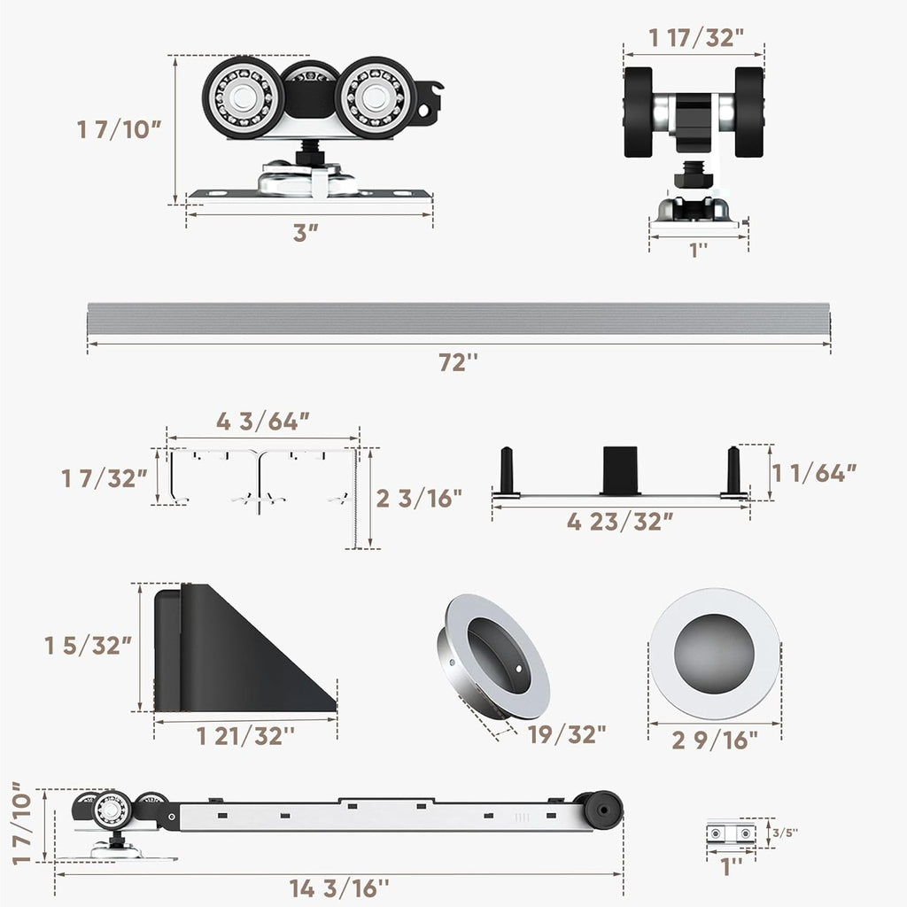 JUBEST 6FT/72 Heavy Duty Bypass Door Hardware with Soft Close Mechanism, Sliding Closet Door Hardware Set for 2 Door System, Smoothly and Quietly, Fit Door Thickness 1 3/8' or 1 3/4', Easy to Install