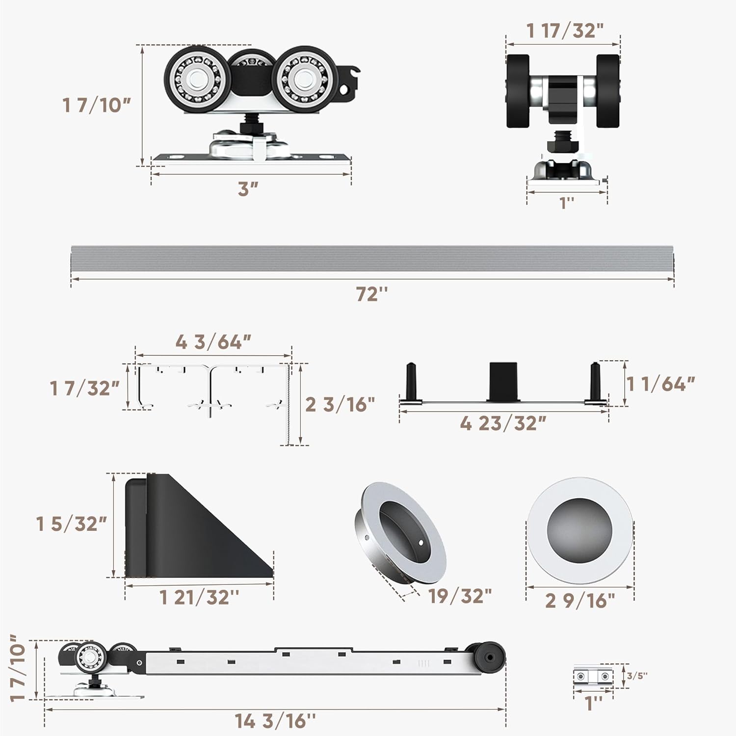 JUBEST 6FT/72 Heavy Duty Bypass Door Hardware with Soft Close Mechanism, Sliding Closet Door Hardware Set for 2 Door System, Smoothly and Quietly, Fit Door Thickness 1 3/8' or 1 3/4', Easy to Install