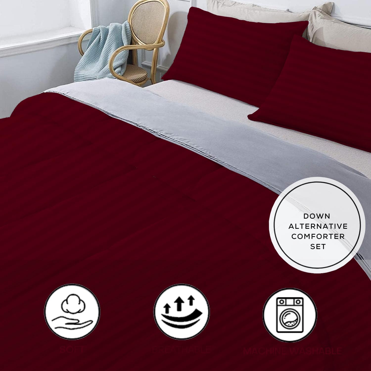 Olivia Rocco 1 Piece 1000 Thread Count Comforter Full XL/Queen Size (88' x 92') Inch 100% Egyptian Cotton Comforter 400 GSM Soft Quality - Burgundy Stripe