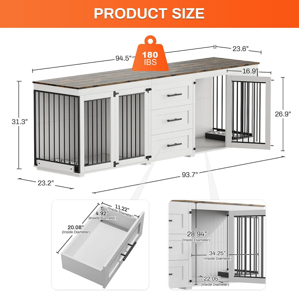 Rophefx 94.5' Dog Crate Furniture for 2 Dogs, Large Dog Kennel Furniture with 3 Storage Drawer, Wooden Dog Cage with 4 Bowls, Indoor Dog House TV Stand with Locks for Large Medium Dog, White Brown