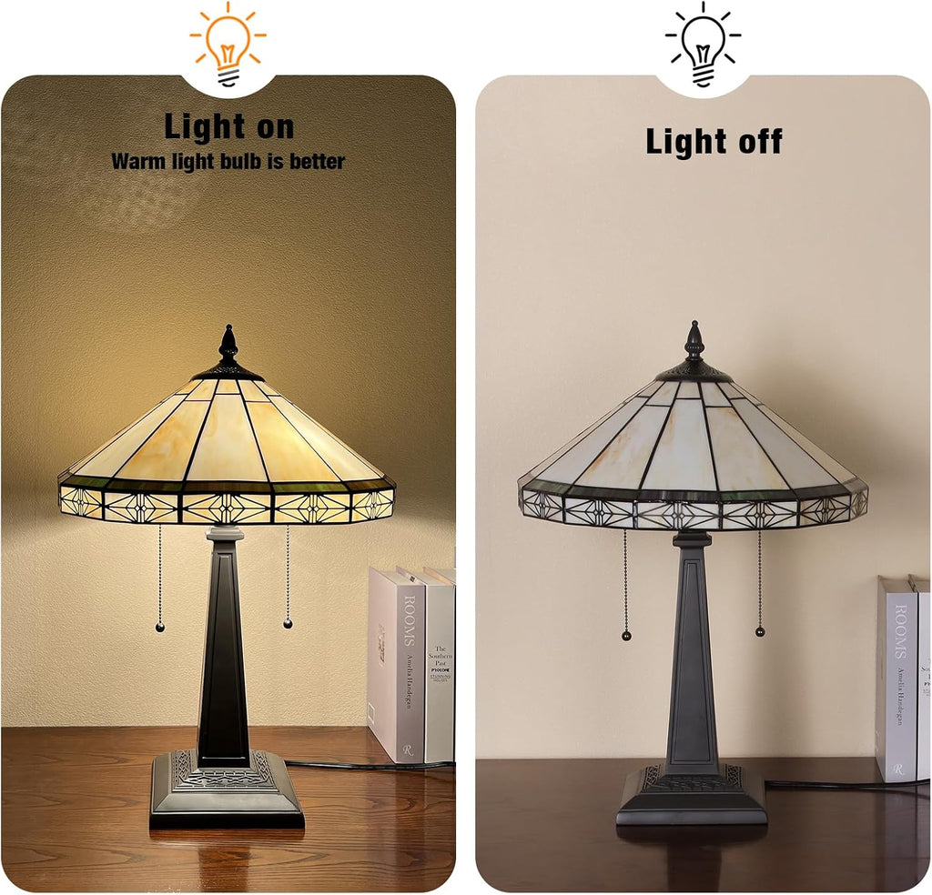 Capulina Tiffany Lamp Stained Glass Table Lamp 2-Lights 16' Wide Cream Color Mission Art Tiffany Style Bedside Reading Desk Lamp for Bedrooms Living Room Home Office