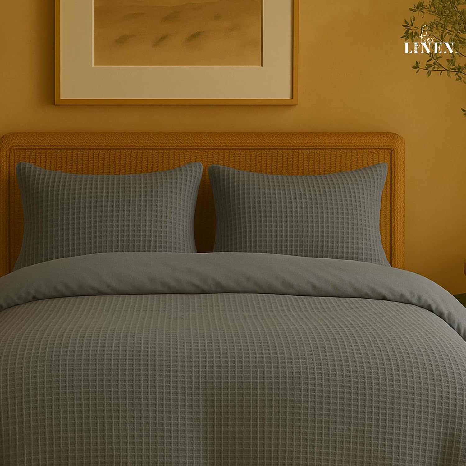 Luxury Organic Cotton Waffle Weave Duvet Cover King Set with Pillowcase|100% Egyptian Cotton 600 TC|Soft Breathable Cooling Comforter Cover with Buttons and Corner Ties|Size 104x90 Gray