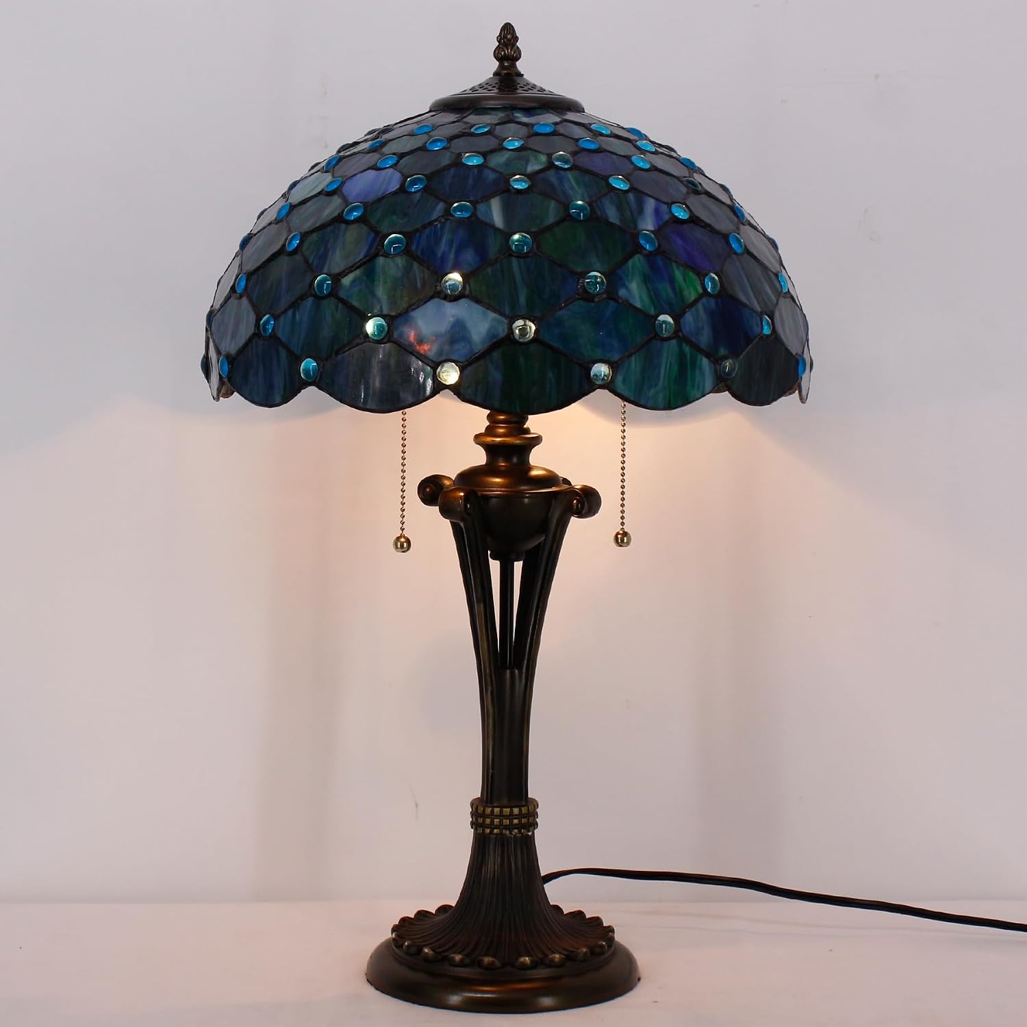 Large Tiffany Lamp Shade Replacement Only 16Inch Stained Glass Lampshade Fit For Table Lamps FLoor Lamp Ceiling Fixture Pendant Hanging Light Home Office Decoration (Blue Beads)