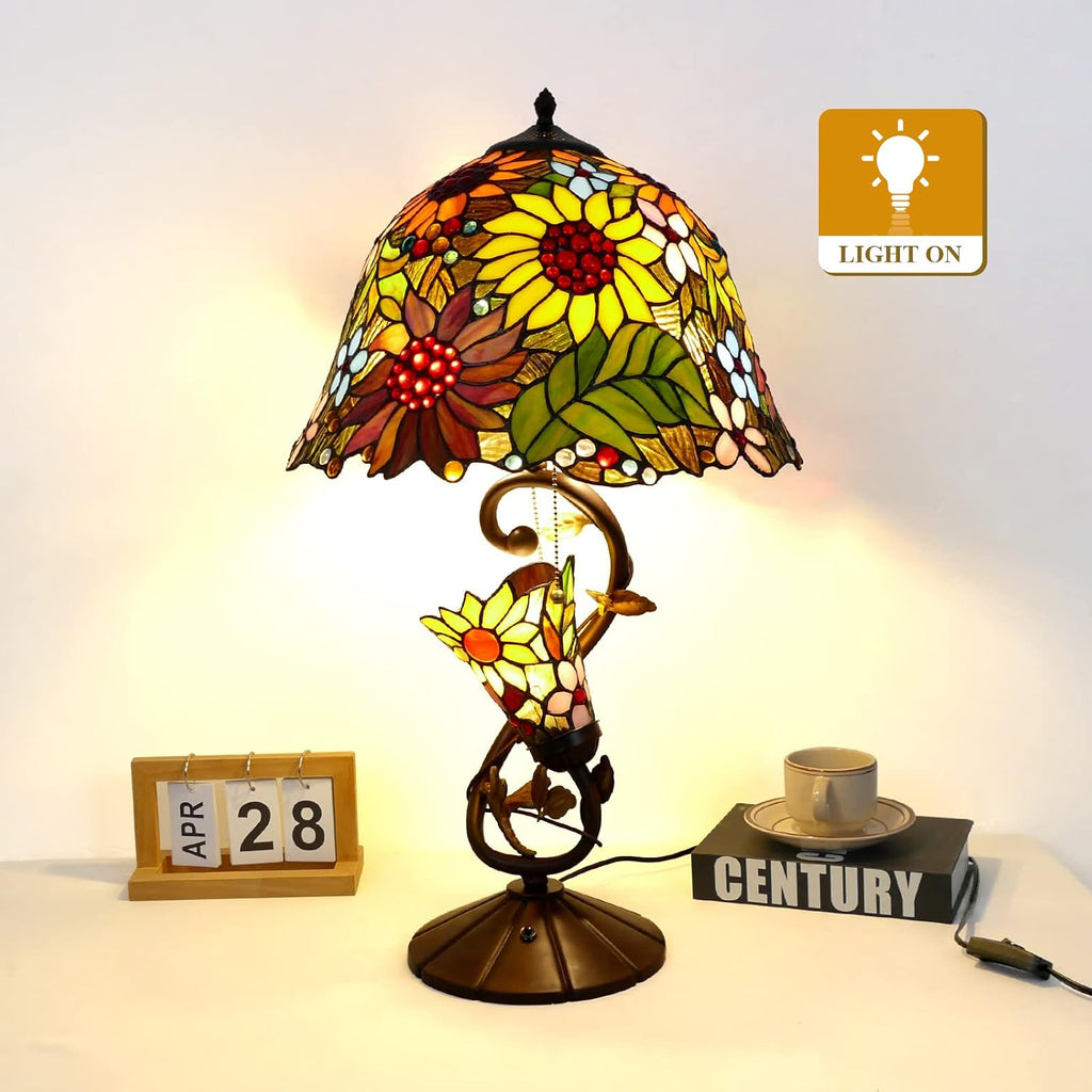 Sunflowers Tiffany Table Lamp Multi-Color Flowers Table Lamp Stained Glass Lamp 16X16X28 Inch Bedside Nightstand Reading Desk Light for Bedroom Home Office Decor, LED Bulb Included