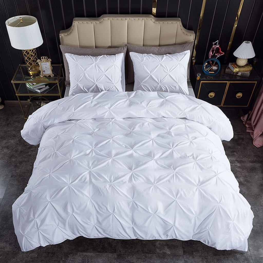 Pinch Pleated 3pc Duvet Cover Set 100% Egyptian Cotton 1000-TC Zipper & Corner Ties Rectangle Pattern Decorative Pintuck (Super King Plus 120x120, Pure White Solid)