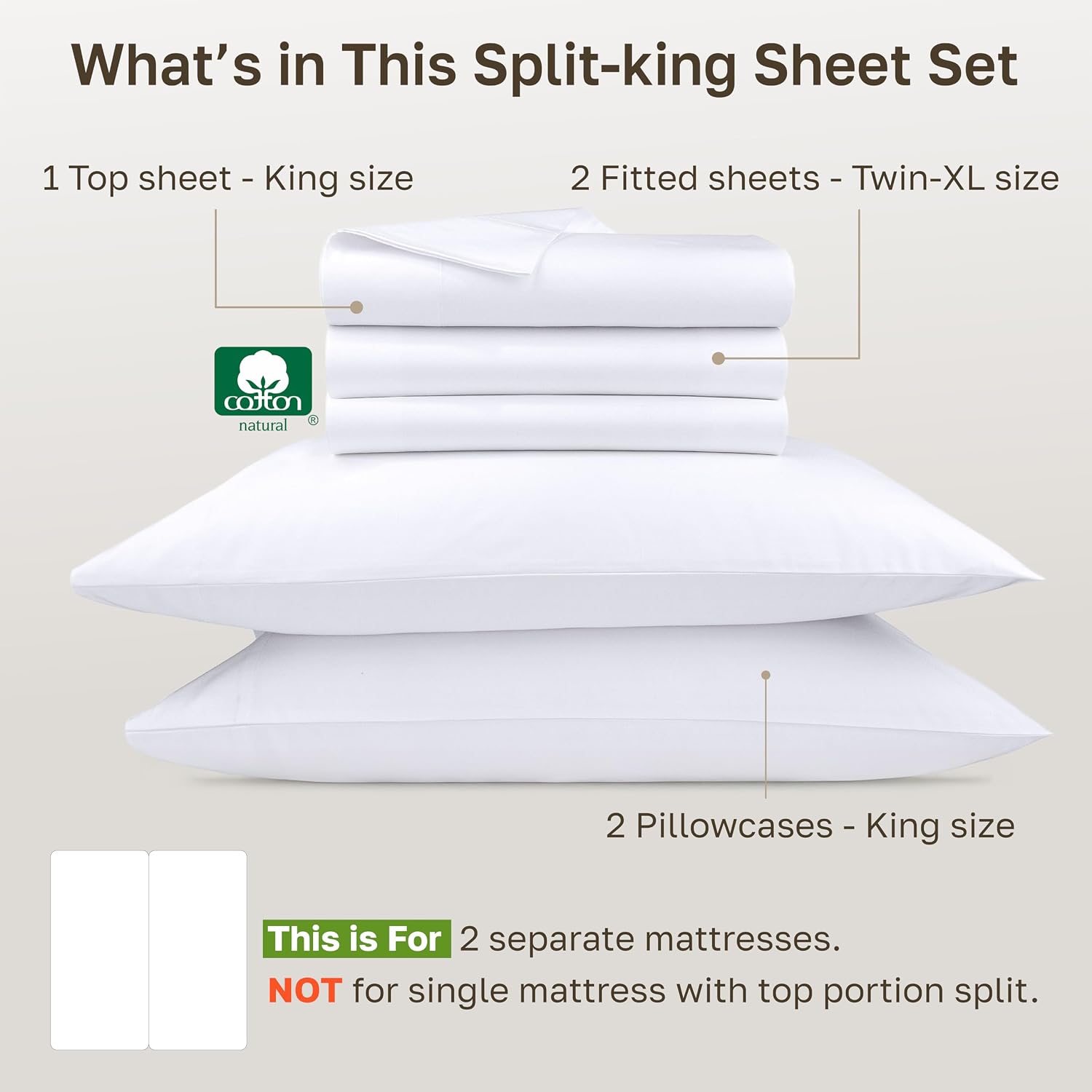California Design Den Split King Sheets Sets for Adjustable Bed - 1000 Thread Count Sateen, Thick and Natural 100% Cotton Bed Sheets, Deep Pockets, Durable Bedding Set - White
