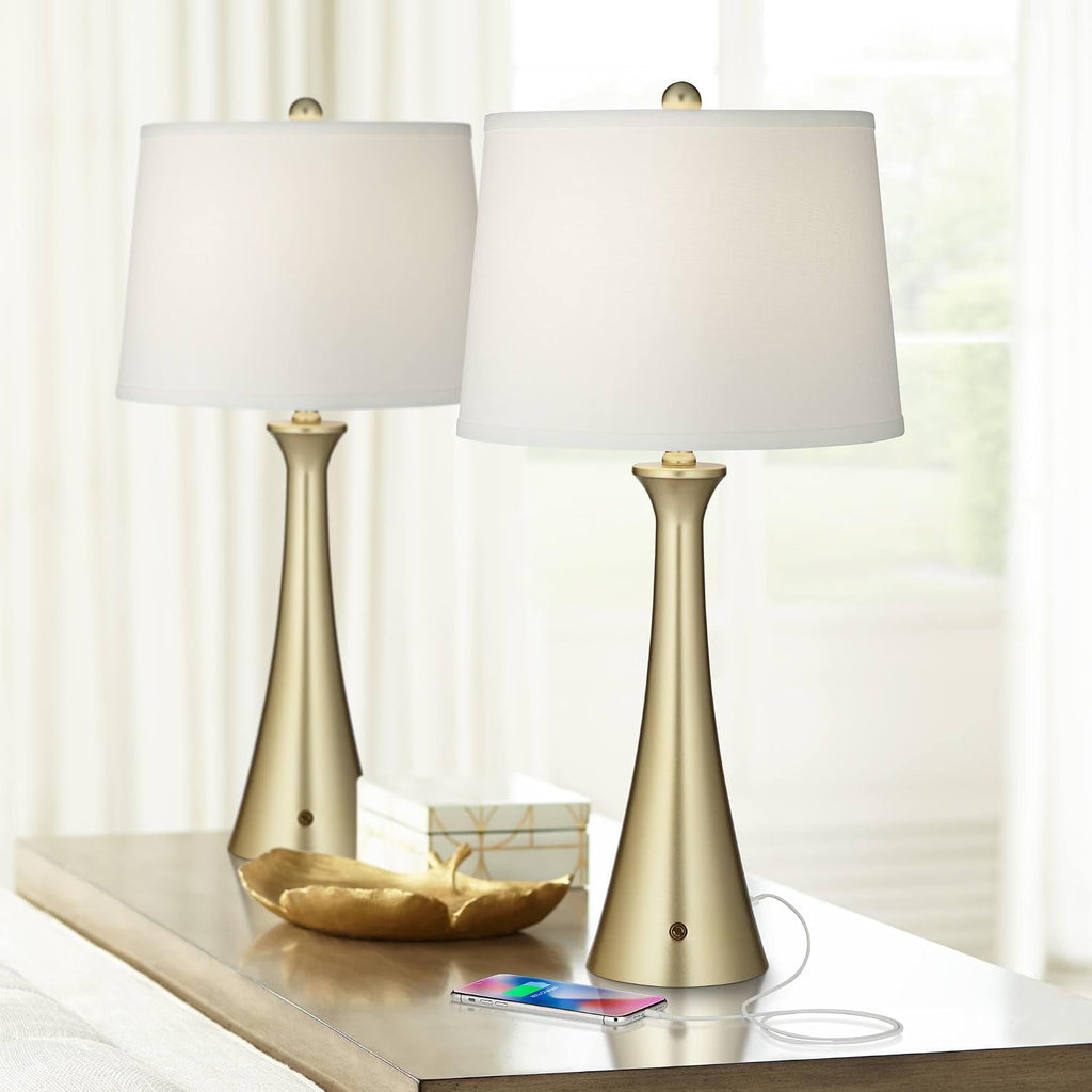 360 Lighting Karl 27 1/2' Tall Modern Set of 2 Table Lamps with USB Ports A+C Charging Full Range Dimmer Gold Metal Living Room Bedroom Bedside Nightstand House Office Home Reading White Shade