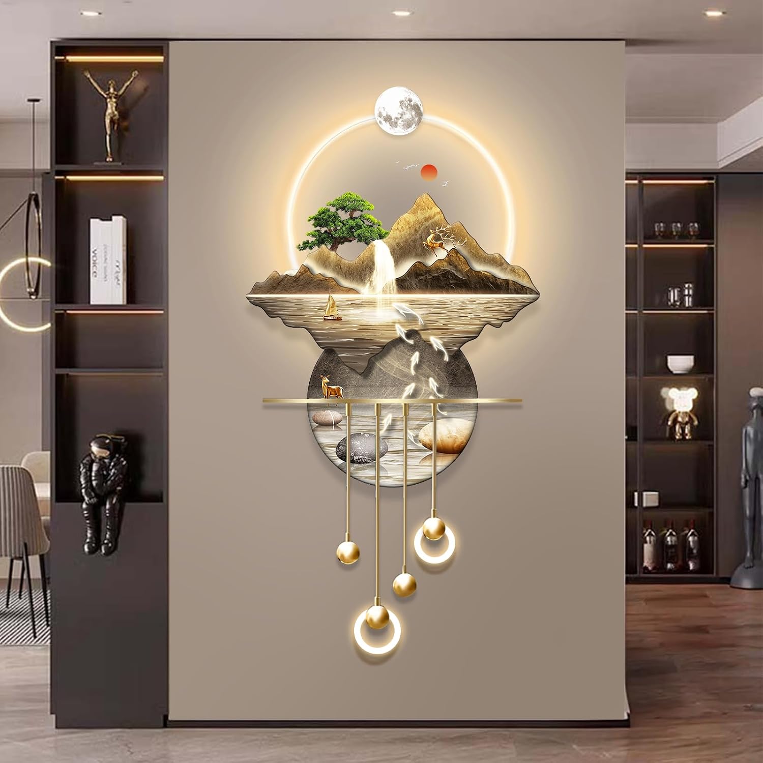 LED Light Decor Wall Art, 3D Art Wall Decor with Light, Decors Walls Sculptures Large 3D Art, Decors Walls Sculptures Lighting Modern, Plug-in Power Supply, Gold A, 23x53in