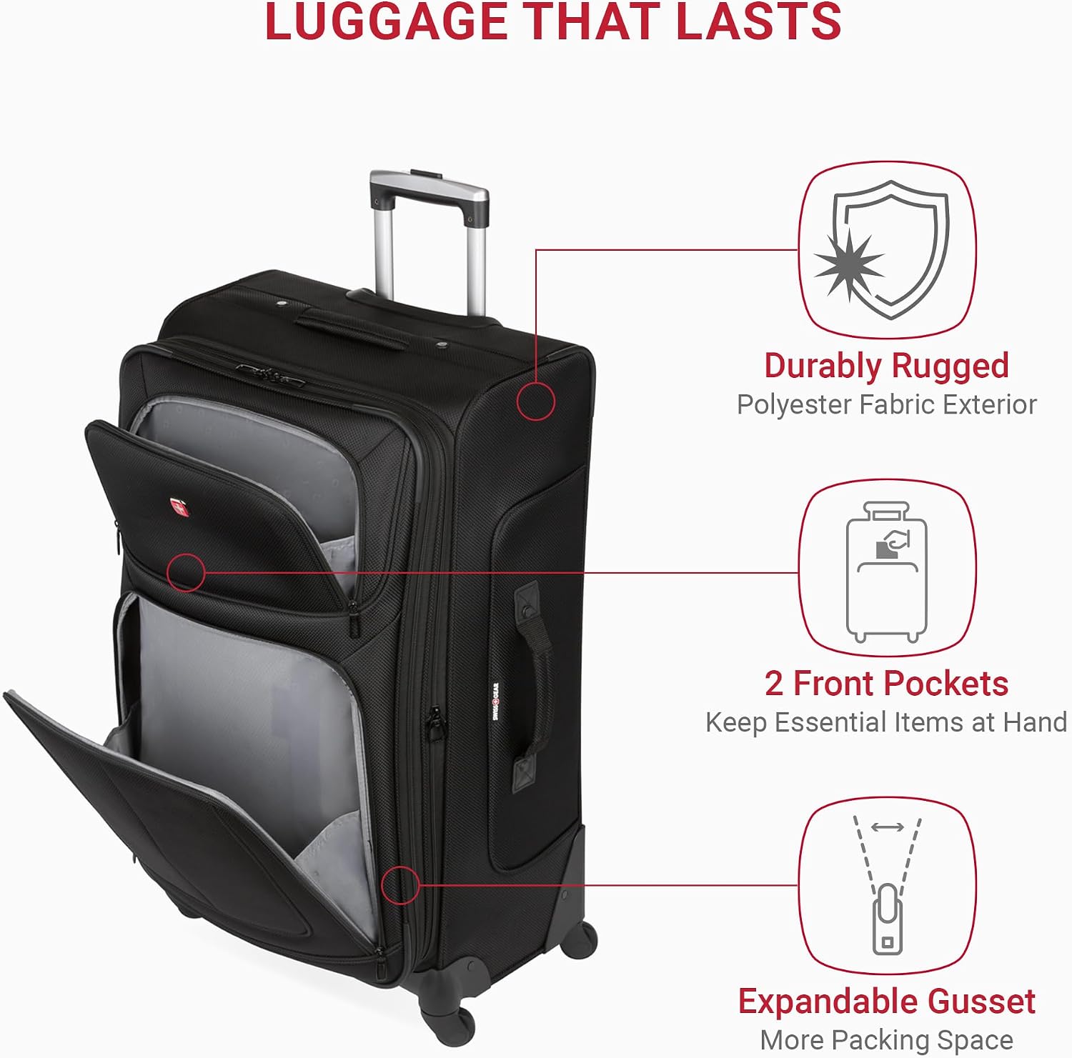 SWISSGEAR Sion Softside Expandable Spinner Luggage Durable Lightweight Travel Suitcase, Black, 3-Piece Set (Carry-On/Medium/Large)