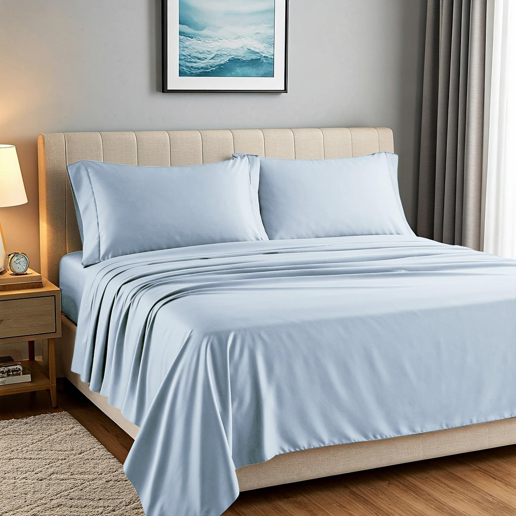 Carressa Linen 100% Egyptian Cotton Sheets Queen Size Bed Set - Luxury 1500 Series Heliconia Collection Egyptian Cotton Queen Sheet Set (4 PC, Light Blue), 17' Deep Pocket, Sateen Hotel Bedding