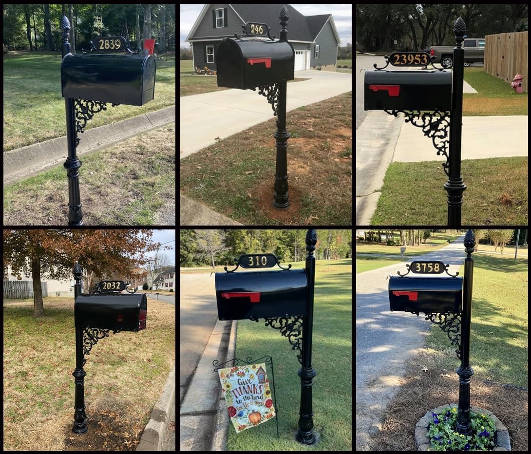 Magnolia Standard Mailbox & Post System – Black Rust Resistant Mailbox – Includes Plaque, Decorative Bracket, Decorative Finial & Hardware - Customized Address Numbers