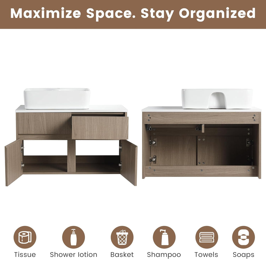 32 Inch Floating Bathroom Vanity with Sink, Modern Wall Mounted Cabinet, Ceramic Vessel Basin, 2 Soft Close Doors and 2 Drawer, Light Walnut