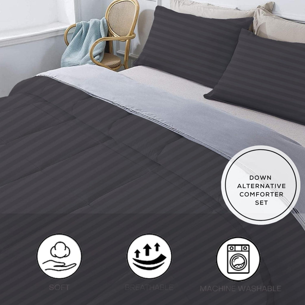 3 Piece 100% Egyptian Cotton 800 Thread Count Comforter Set Full/Queen Size (90' x 90') Inch 400 GSM Luxurious Hotel Collection Ultra-Soft Comforter Set- Dark Grey Stripe