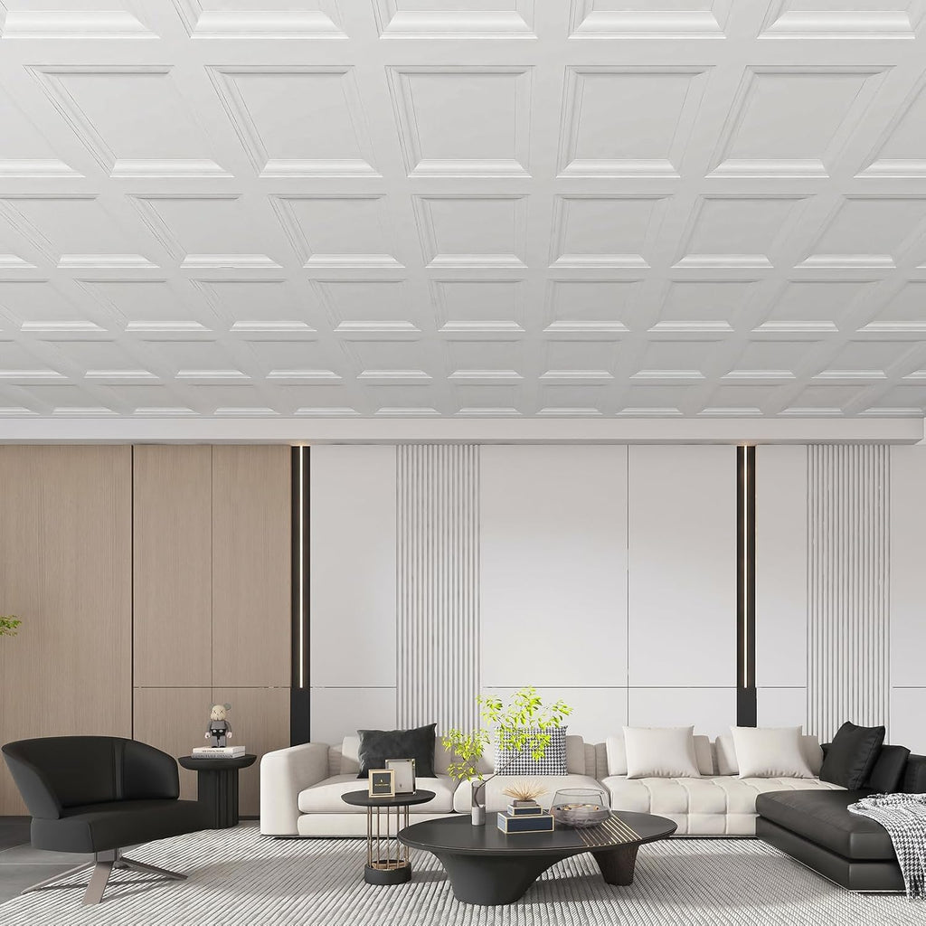 Art3d Drop Ceiling Tiles 36 Pack, 2ft x 2ft PVC Glue-up Ceiling Tiles, 24x24 Wall Tiles for Indoor Decor, Home, Office, Coffee Shop, Restaurant, Gym, Multi-Pack, Covers 144 Sq. Ft, Square White