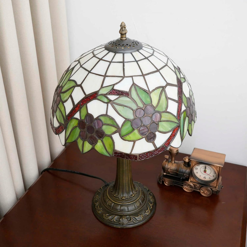 Tiffany Style Table Lamp with Green Leaf Red Grapes Stained Glass Lamp 12 Inch for Bedroom Bedside Lamp Kitchen Living Rooms end Bar Hotel Reading Vintage Art Lampshade Decor LED Desk Light