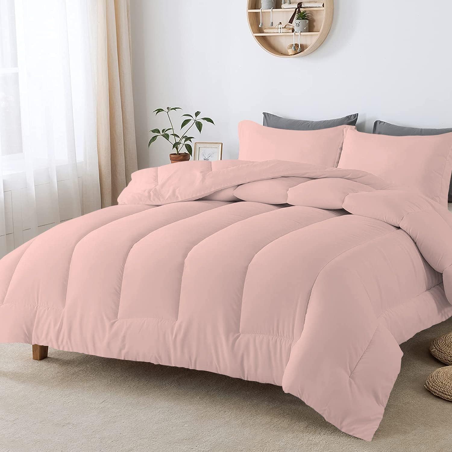 5 PC Straight Line Pattern Comforter Set Premium Super Soft 600 GSM All Season | 1000 Thread Count | 100% Egyptian Cotton ( Full/Queen Size, Blush Color)
