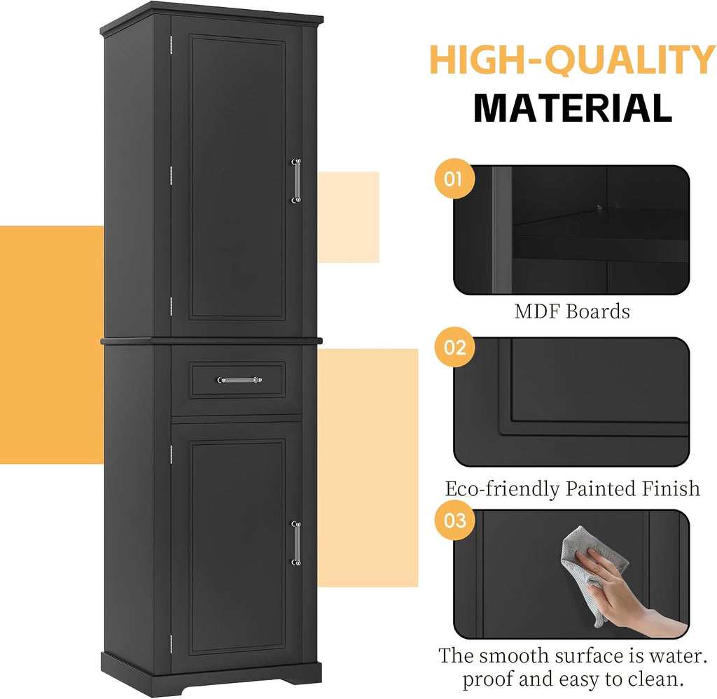 Tall Bathroom Storage Cabinet, Freestanding Bathroom Accent Storage Cabinet with Doors & Adjustable Shelves & Built-in Door Shelf for Home Kitchen, Living Room (Black Style3)