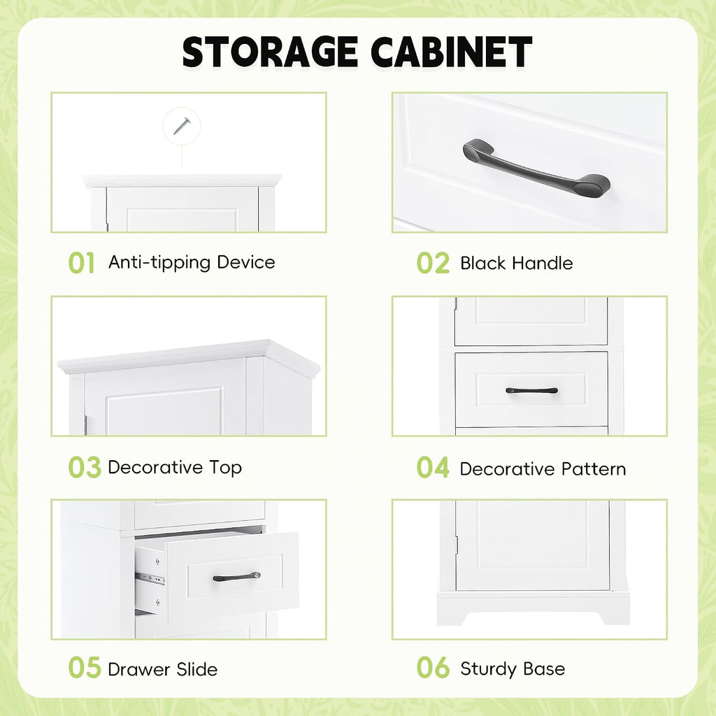 Tall Bathroom Storage Cabinet, Freestanding White Bathroom Accent Storage Cabinet with Built-in Door Shelf & Adjustable Shelves for Home Kitchen, Living Room (White Style4)
