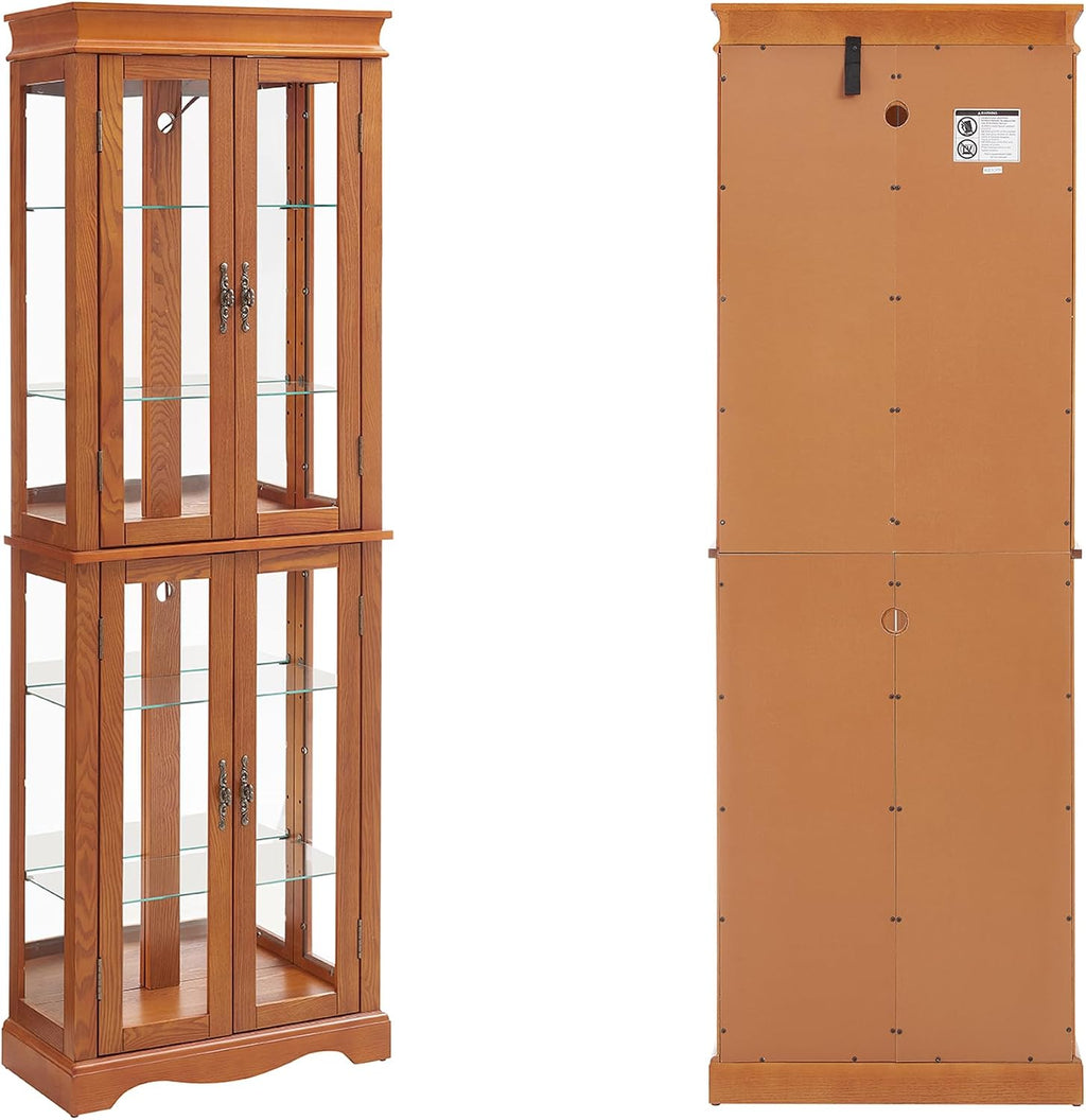 70' H Lighted Curio Cabinet Display Case, Glass Curio Cabinets with Adjustable Shelves and Tempered Glass Door, Wooden Cabinet w/Mirrored Back Pane for Living Room (Oak)