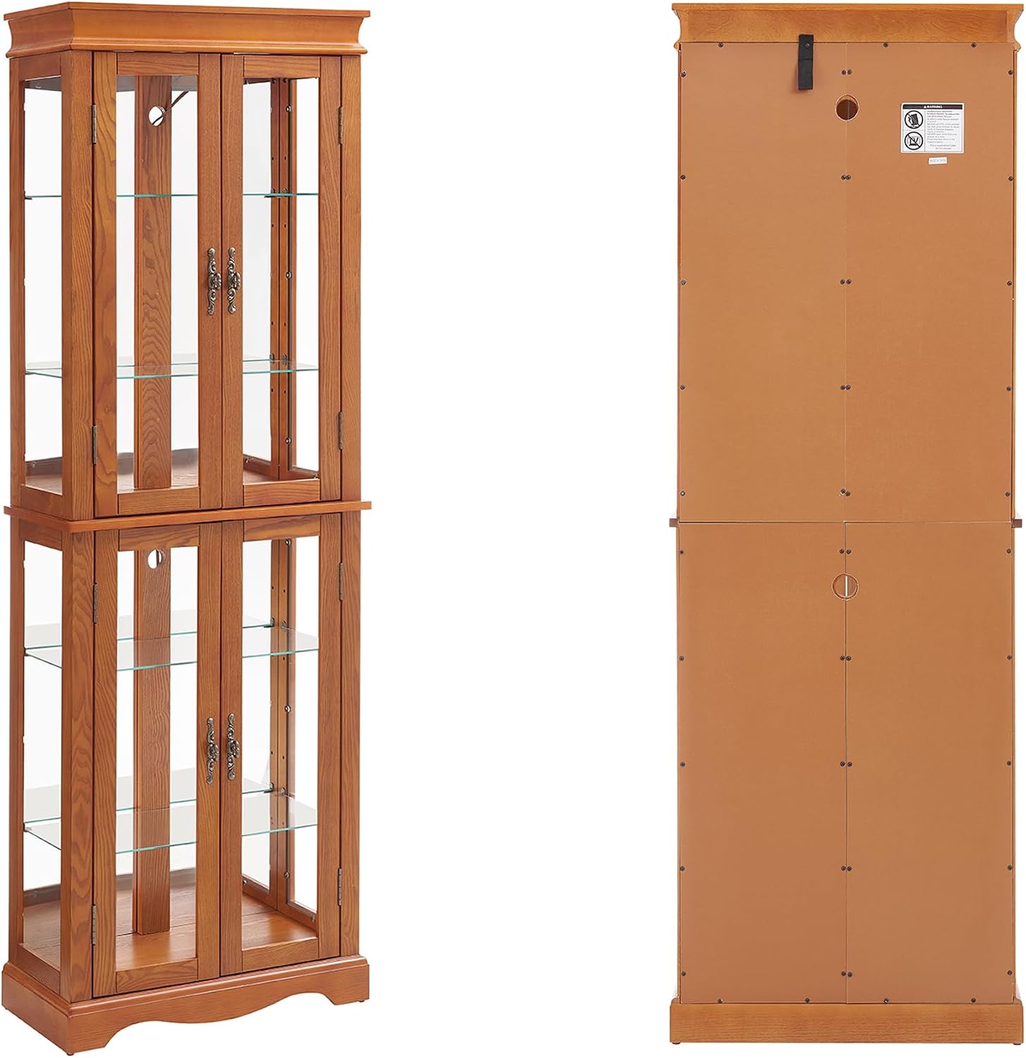 70' H Lighted Curio Cabinet Display Case, Glass Curio Cabinets with Adjustable Shelves and Tempered Glass Door, Wooden Cabinet w/Mirrored Back Pane for Living Room (Oak)