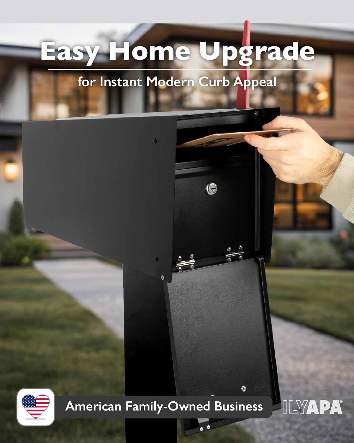 Ilyapa Locking Mailbox with Lock and Key Modern Mailboxes for Outside Post Mount - Black Powder Coated Steel, All Weather & Corrosion Resistant, Stainless Steel, Angled