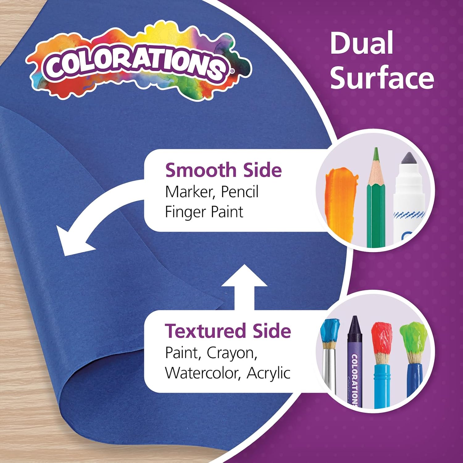 Colorations Arts and Crafts Paper Roll - 36' x 1000', Dark Blue , Dual Surface, Markers, Finger Paints, Painting, Watercolors, Acrylic Paints, Wall Art, Bulletin Board Paper, Kids Crafts