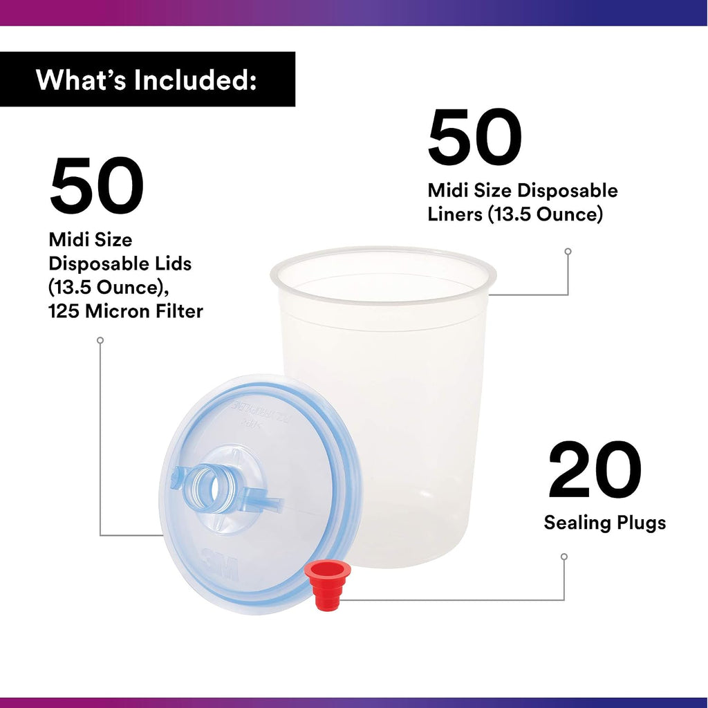 3M PPS (Original Series) Paint Spray Gun Cup Lids and Liners Kit, 16312, Midi, 13.5 oz, 125-micron Filter, Use w/ Paint Gun for Cars, Furniture, Home, 50 Disposable Lids and Liners, 20 Sealing Plugs