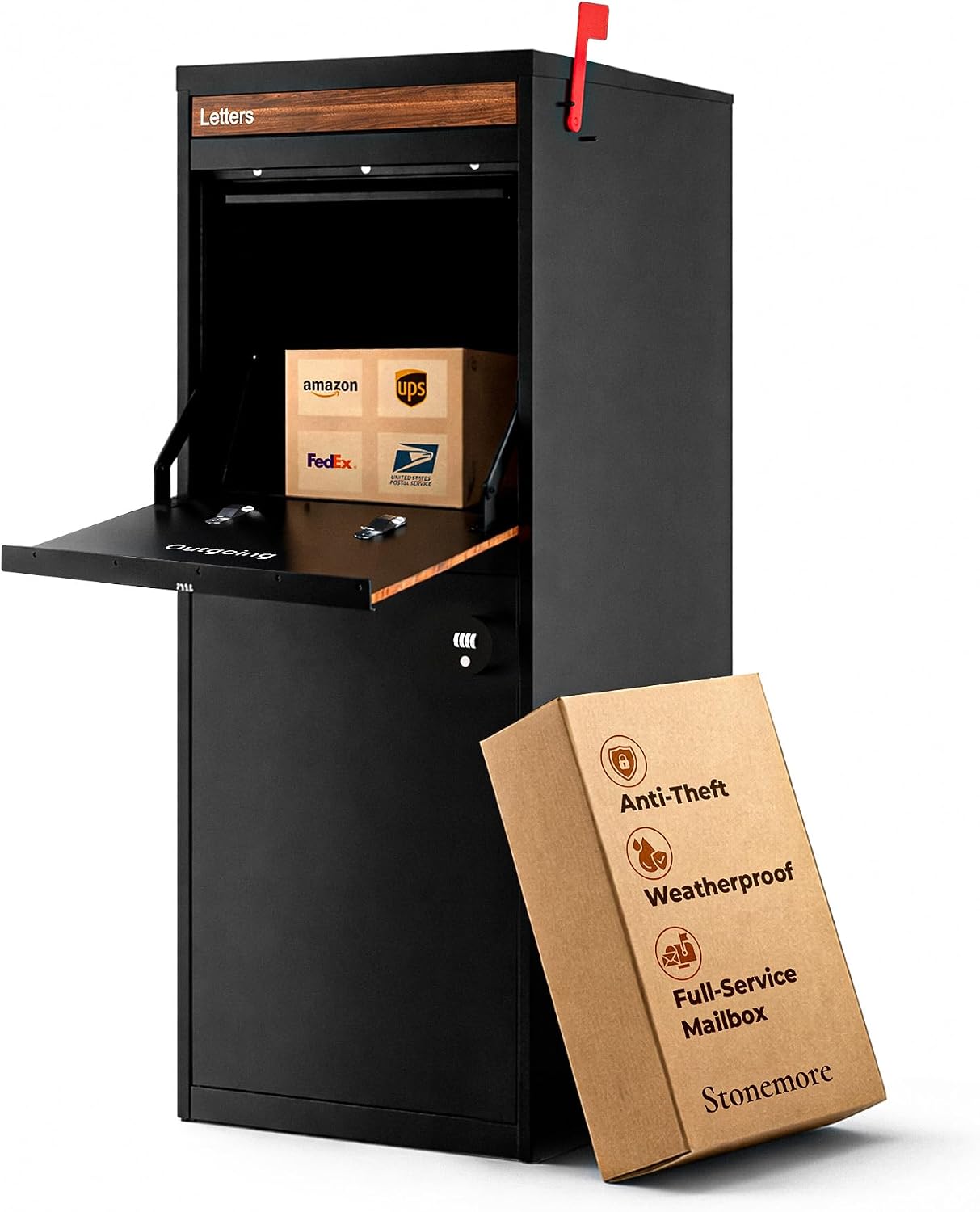 Hudson USPS Compatible Mailbox, Classic Black/Walnut Package Mailbox, Anti-Theft Locking Parcel Drop Box For Porch Or Curbside, Large Mailbox for Packages, Weather-Sealed Powder Coated Steel