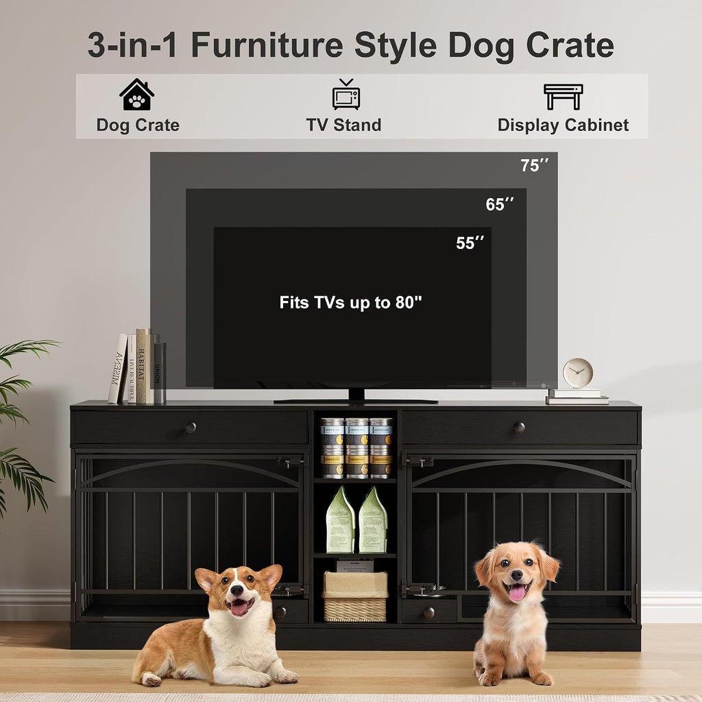 GarveeHome Dog Crate Furniture for 2 Dogs, Dog Kennel Indoor with Storage and Feeding Bowls, Double Dog Crate TV Stand for Small Medium Dogs, Black