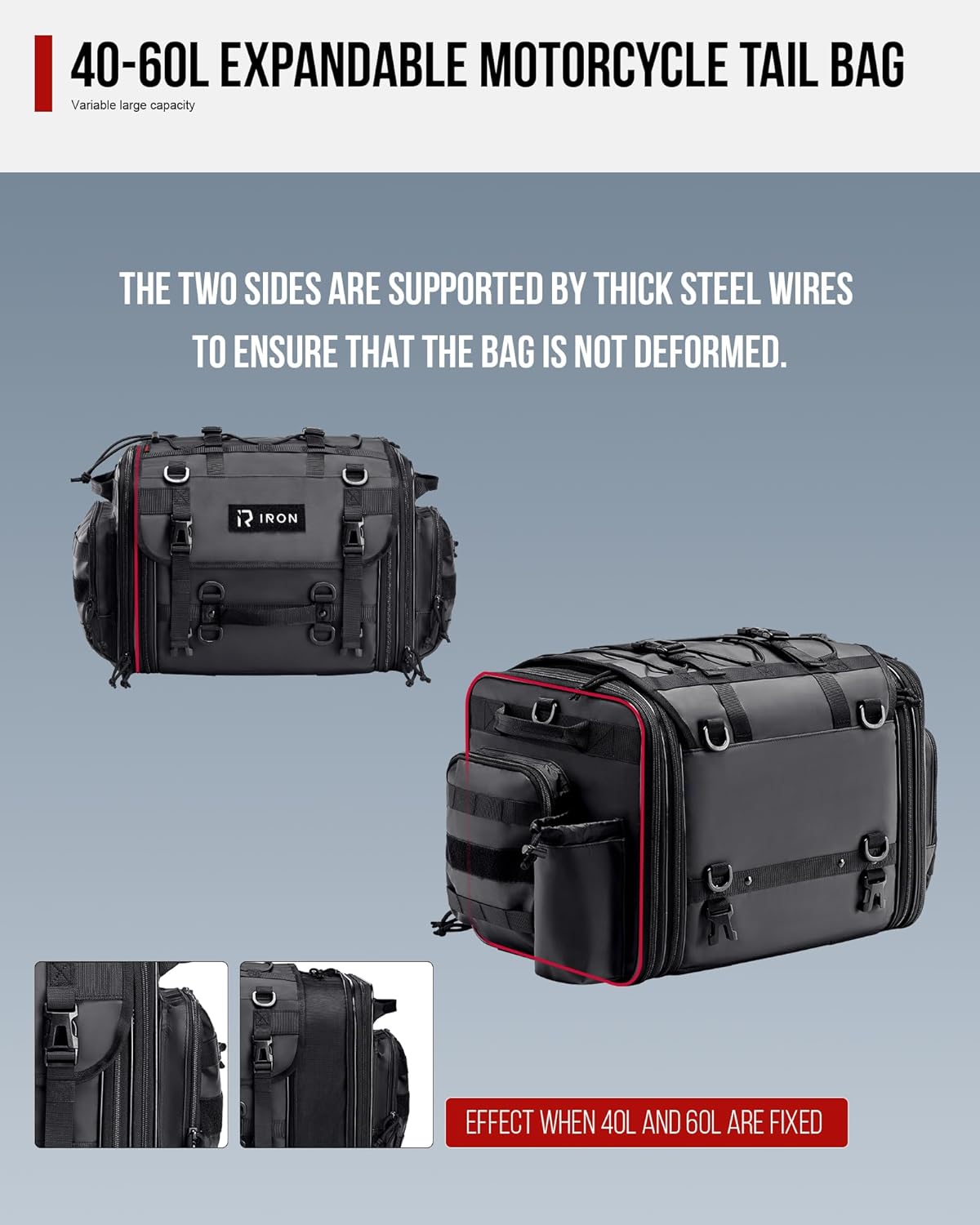 RIDEIRON Motorcycle Tail Bag, Expandable Motorcycle Travel Luggage Bags 40L-60L, Waterproof Rear Rack Trunk with Rain Cover and Sissy Bar Straps