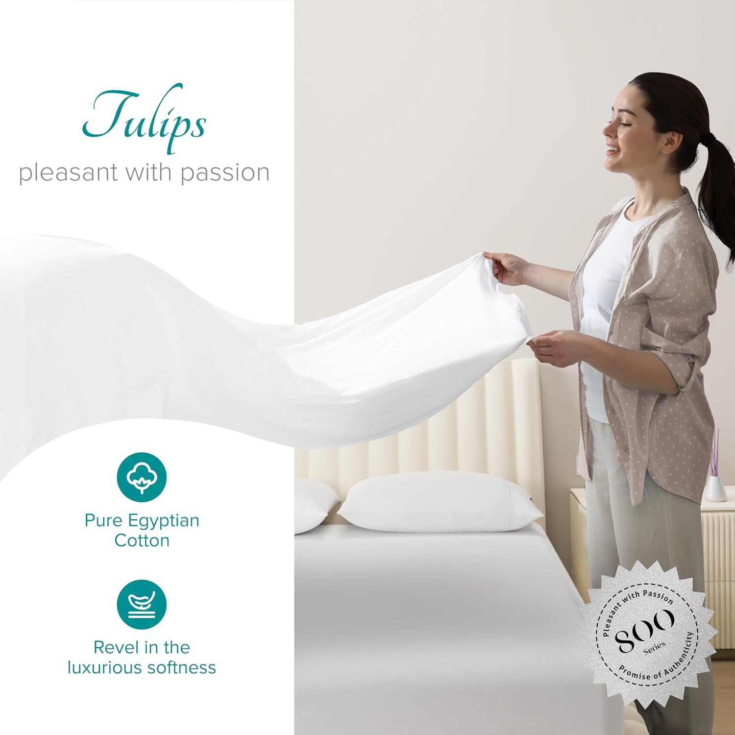 Carressa Linen 100% Egyptian Cotton King Size Sheets Set - 800 Series Tulips Collection Egyptian Cotton Sheets King Size (6 PC, Crisp White), 16' Deep Pocket Sateen Weave Luxury Bed Sheet